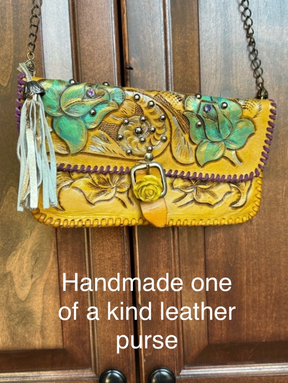 Handmade Yellow Leather Floral Crossbody Purse